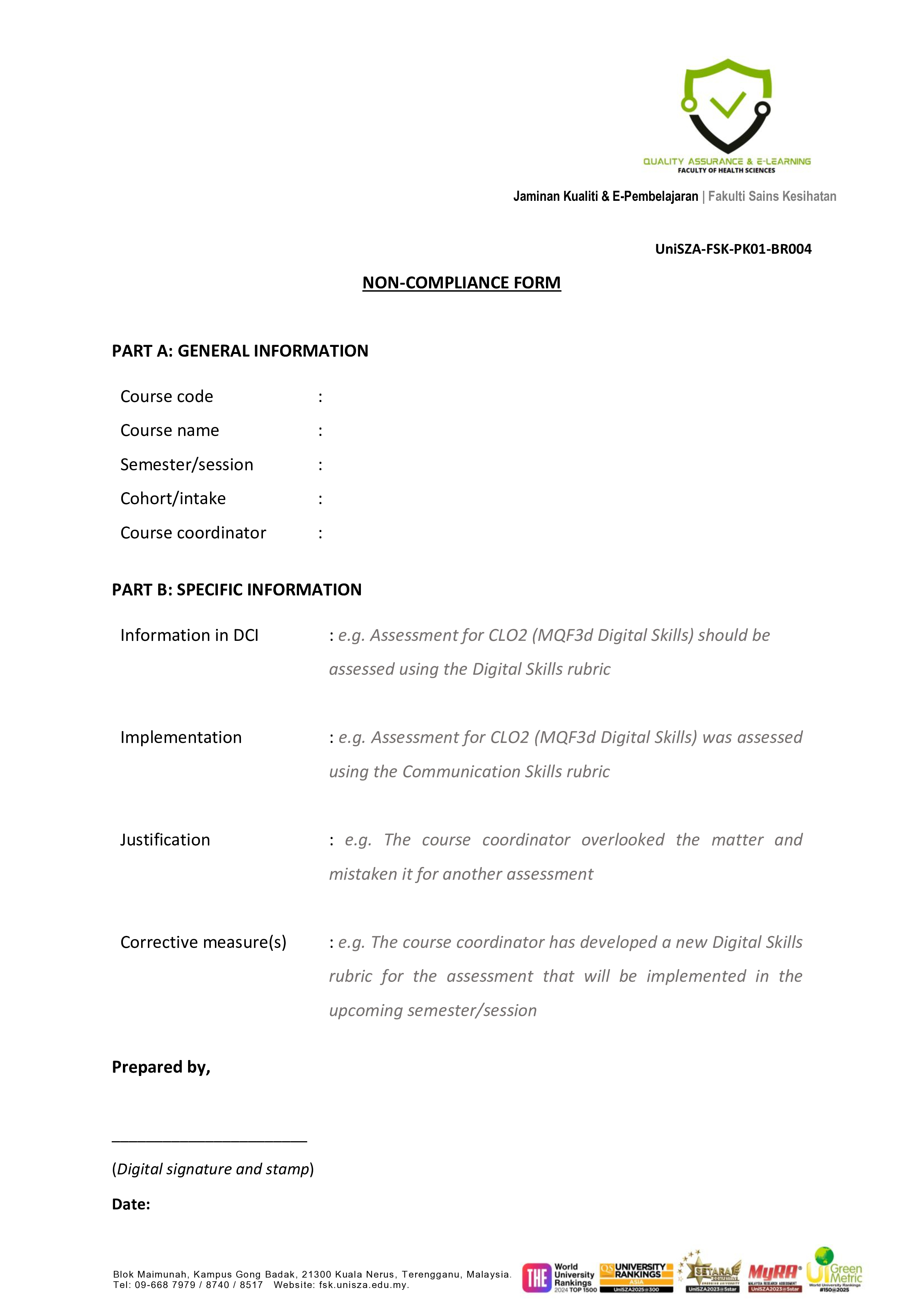 UniSZA FSK PK01 BR004 Non Compliance Form